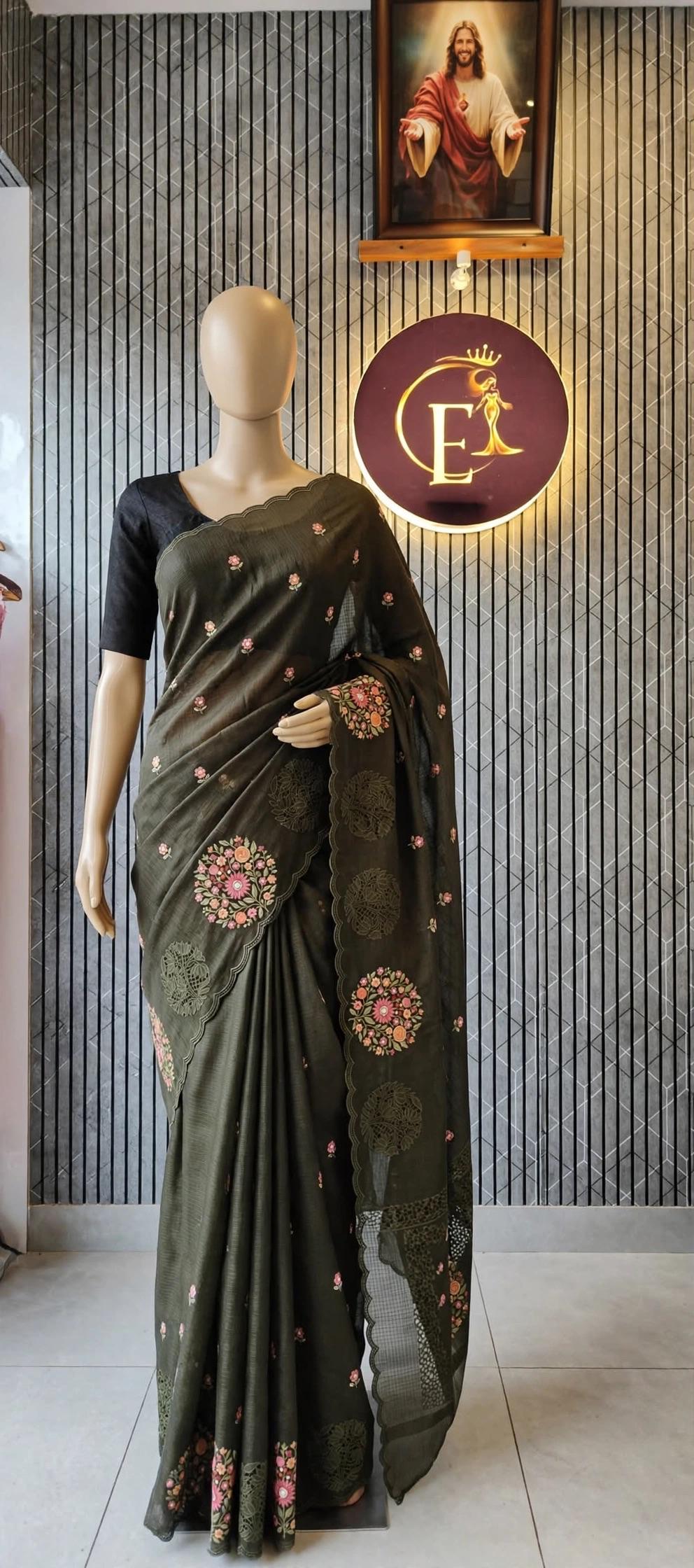 Kotta Doriya Floral Embroidery with Cut Work saree
